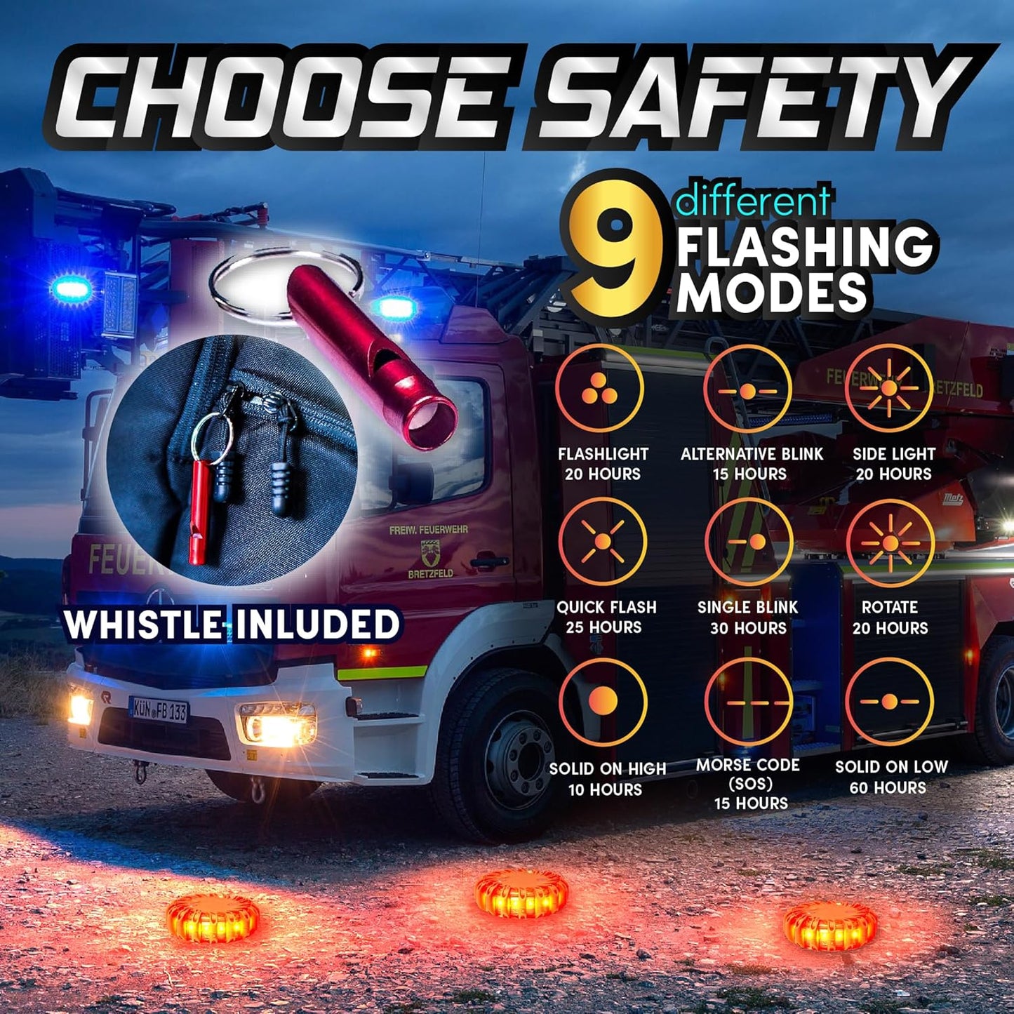 LED Road Flares Emergency Lights 6‑Pack | Roadside Safety Disc & LED Safety Flare | Roadside Hazard Emergency Kit W/Boat Flare Kit | Batteries, Case & Whistle Included | Feel Safe on Road