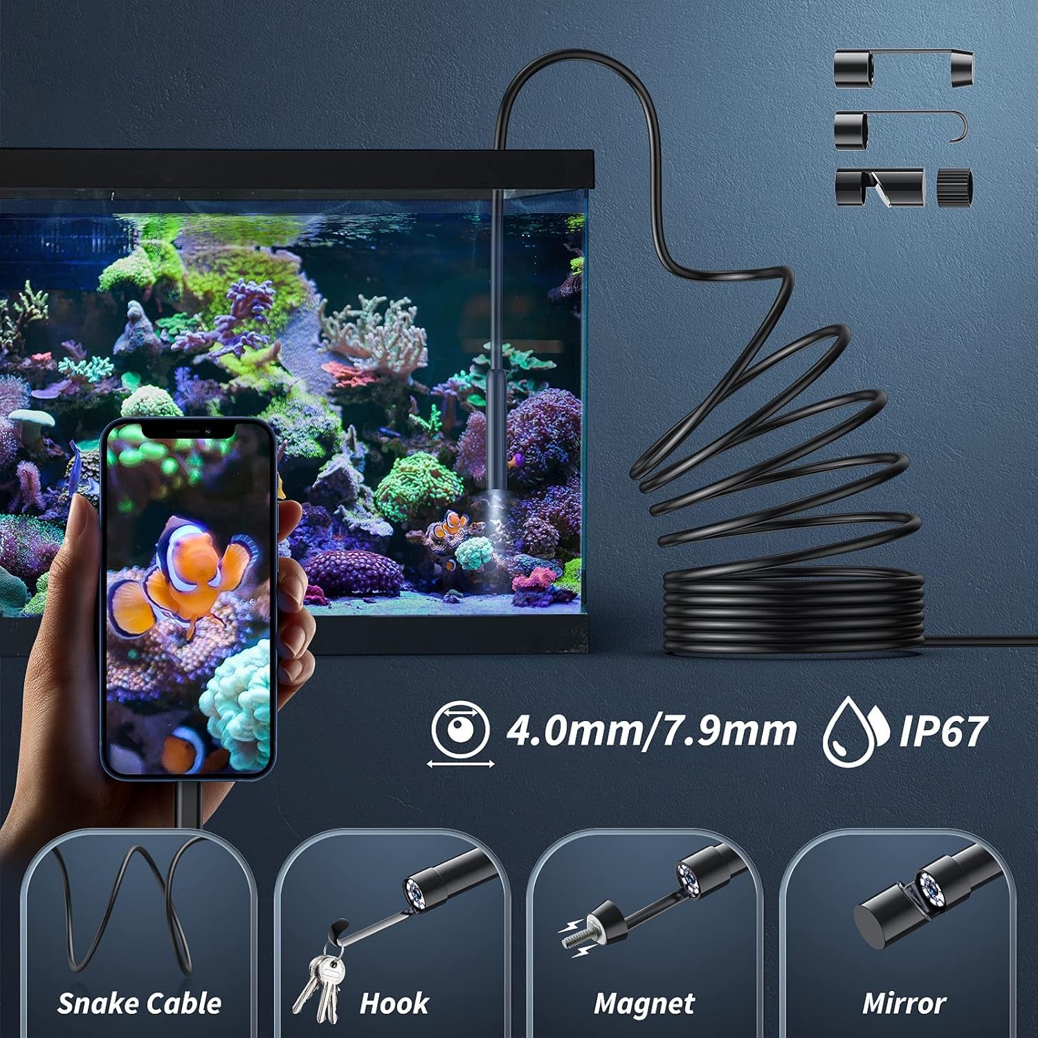Endoscope Camera with Light, 1920P HD Borescope Tools with 8 Adjustable LED Lights, Endoscope with Semi-Rigid Snake Camera, Inspection Borescope for Ios and Android-16.4Ft Single Lens
