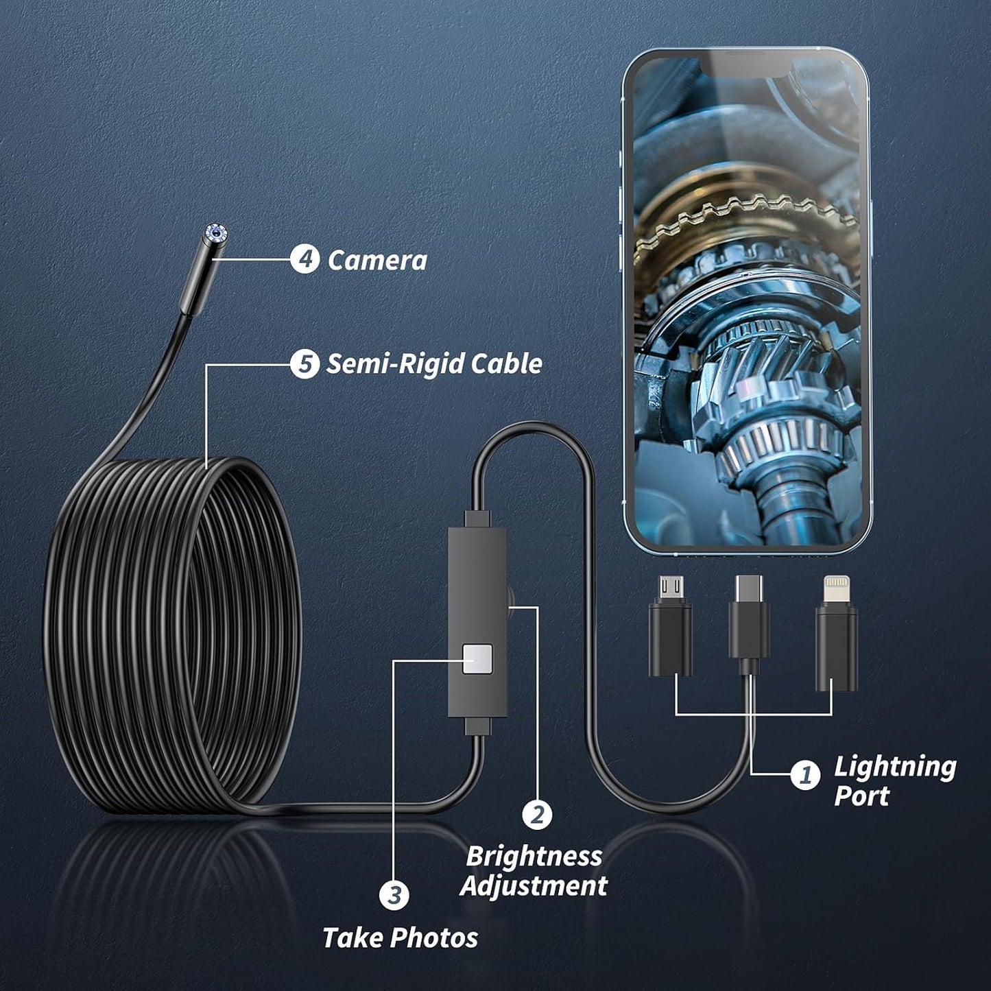 Endoscope Camera with Light, 1920P HD Borescope Tools with 8 Adjustable LED Lights, Endoscope with Semi-Rigid Snake Camera, Inspection Borescope for Ios and Android-16.4Ft Single Lens