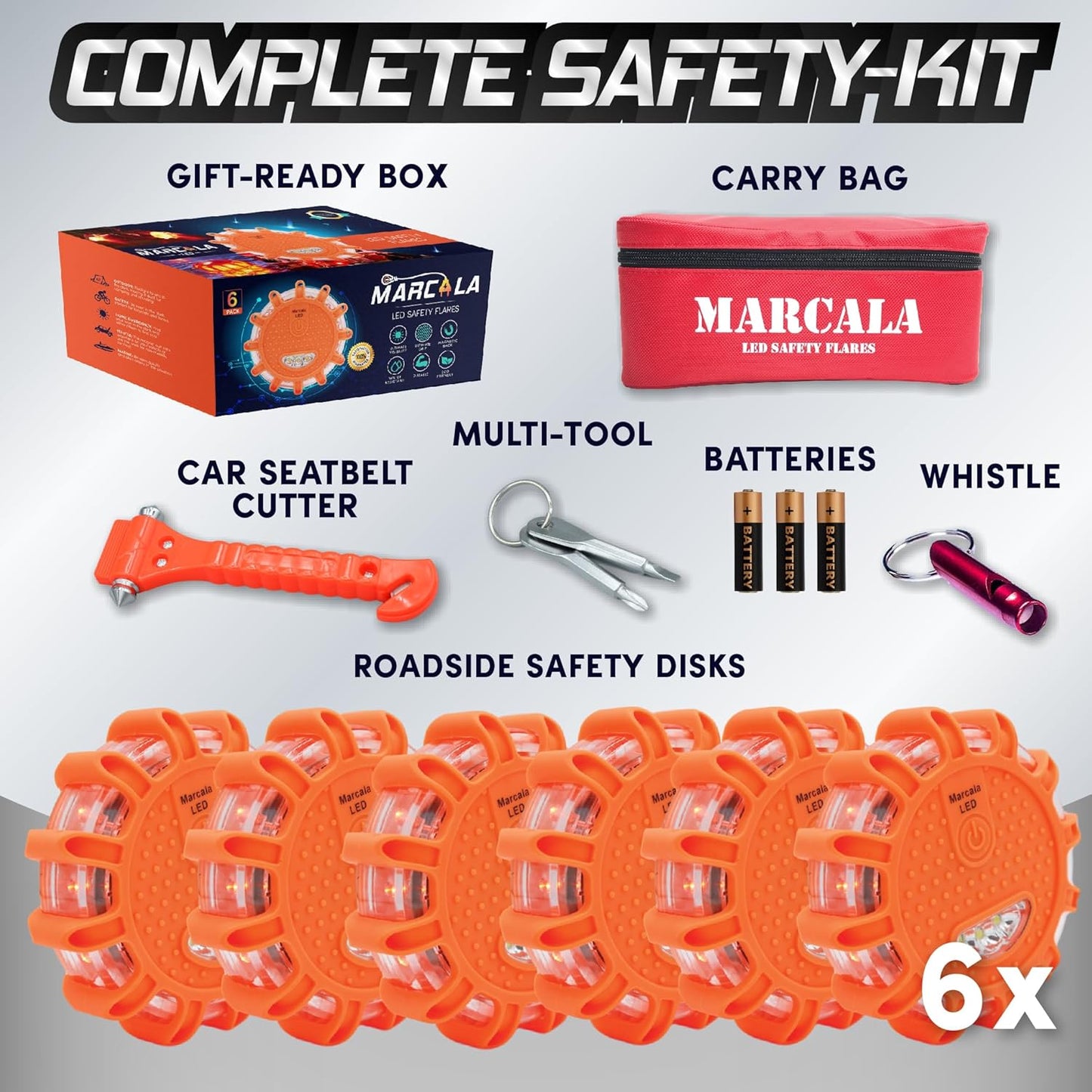 LED Road Flares Emergency Lights 6‑Pack | Roadside Safety Disc & LED Safety Flare | Roadside Hazard Emergency Kit W/Boat Flare Kit | Batteries, Case & Whistle Included | Feel Safe on Road