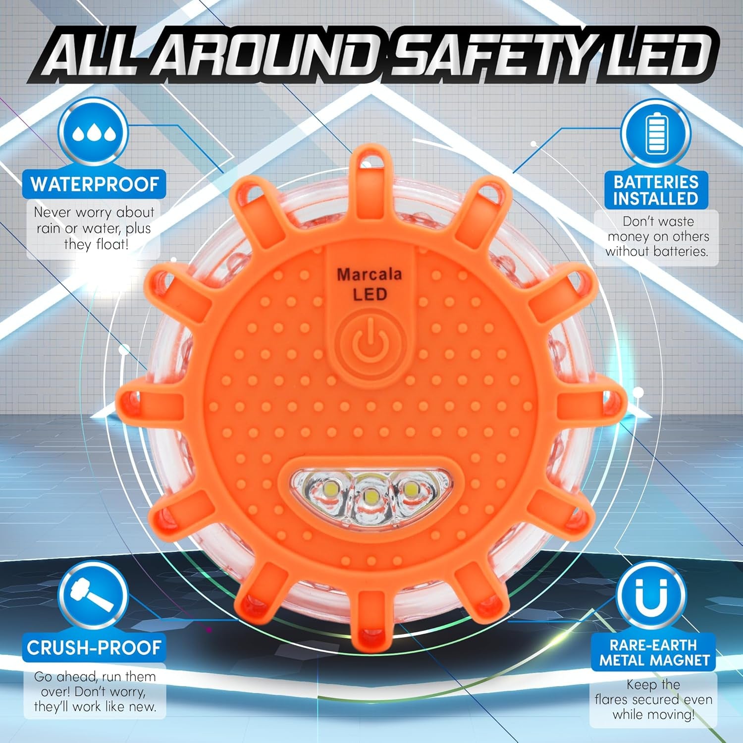 LED Road Flares Emergency Lights 6‑Pack | Roadside Safety Disc & LED Safety Flare | Roadside Hazard Emergency Kit W/Boat Flare Kit | Batteries, Case & Whistle Included | Feel Safe on Road