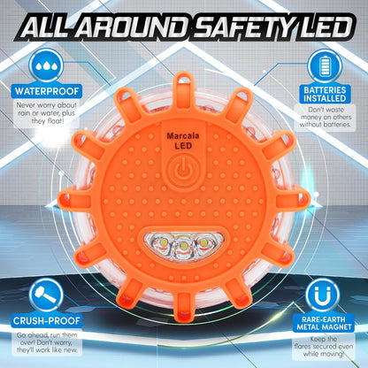 LED Road Flares Emergency Lights 6‑Pack | Roadside Safety Disc & LED Safety Flare | Roadside Hazard Emergency Kit W/Boat Flare Kit | Batteries, Case & Whistle Included | Feel Safe on Road