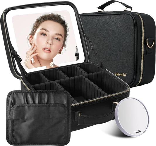 Mocado Travel Makeup Bag with LED Lighted Mirror,Travel Makeup Organizer,Makeup Case with 3 Color Lighted Setting and 10x Magnifying Mirror,Portable Storage and Adjustable Dividers Makeup Box