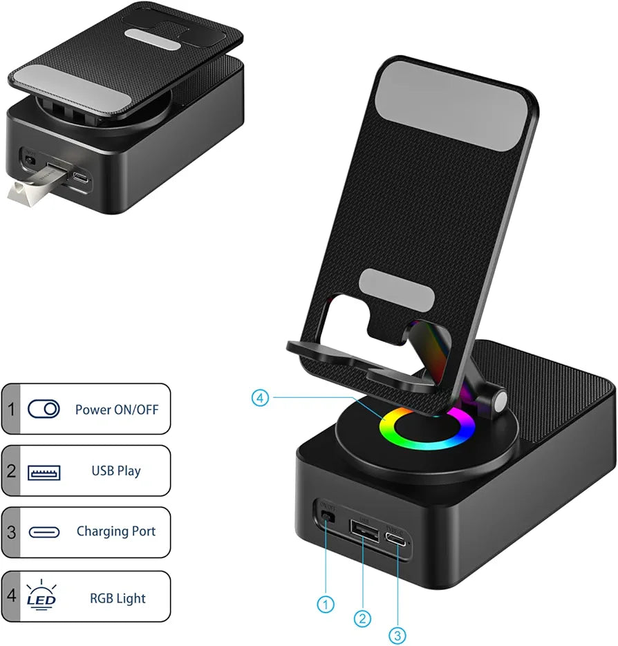 Cell Phone Stand with Wireless Bluetooth Speaker, LED, Anti-Slip Base HD Surround Sound,Perfect for Home/Outdoor with Bluetooth Speaker for Desk Compatible with iPhone/ipad/Android,Gifts for Men Women