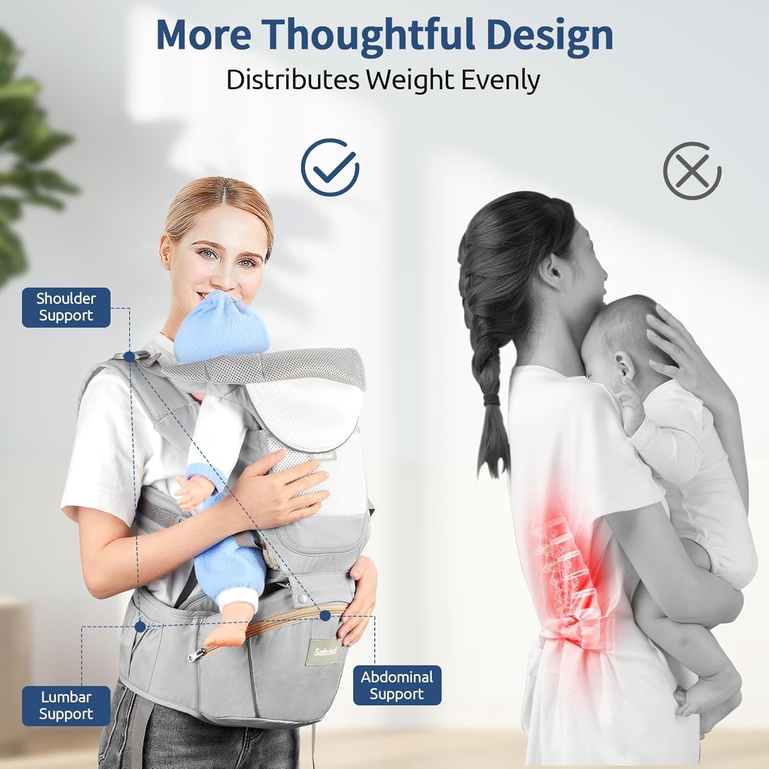 Baby Carrier with Hip Seat,Ergonomic M Position 6In1 Baby Carrier Newborn to Toddler,Head Support and Breathable Mesh Newborn Carrier,Adjustable Baby Holder Carrier for Dad&Mom-Grey