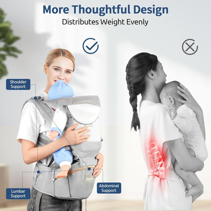 Baby Carrier with Hip Seat,Ergonomic M Position 6In1 Baby Carrier Newborn to Toddler,Head Support and Breathable Mesh Newborn Carrier,Adjustable Baby Holder Carrier for Dad&Mom-Grey