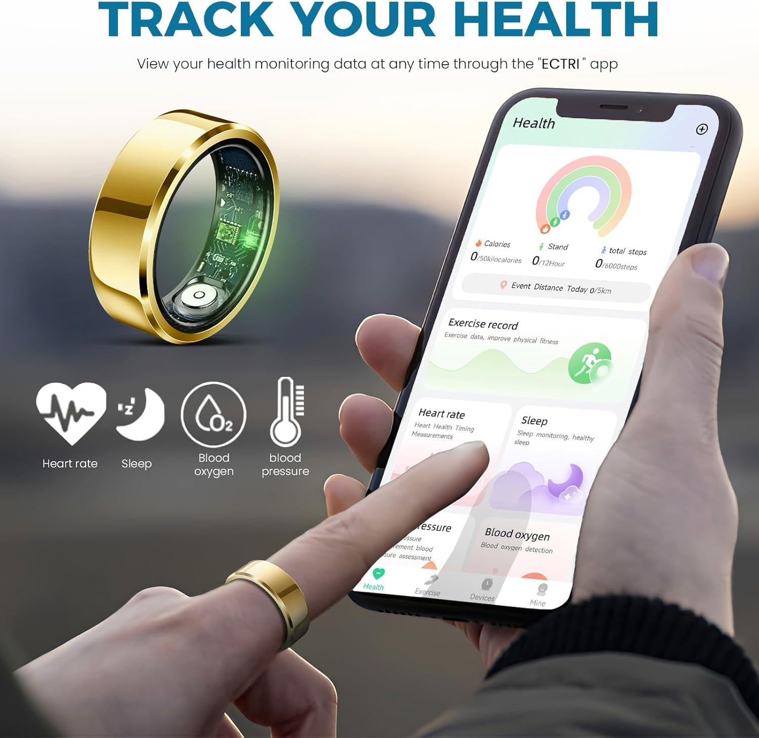 Smart Ring for Women Men Fitness Tracker with Blood Pressure,Heart Rate,Sleep Monitoring,Step Counting,For Iphone and Android,Waterproof Smart Blood Pressure Monitor,No Subscription Fees,Gold 8 Size